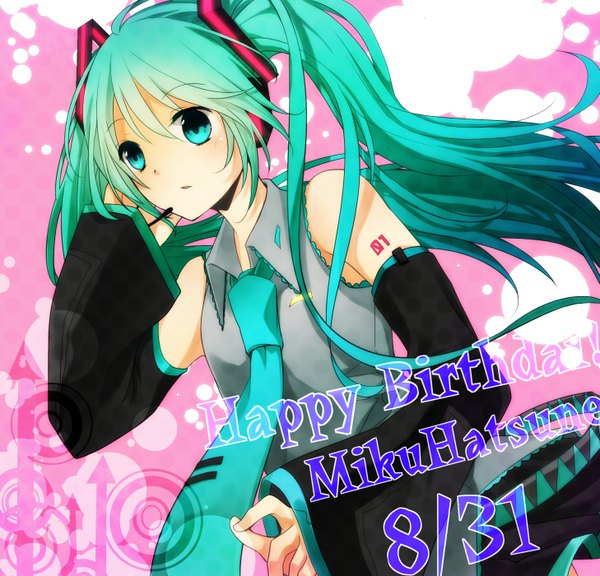 Anime picture 1457x1400 with vocaloid hatsune miku tagme (artist) single long hair fringe open mouth twintails bare shoulders looking away aqua eyes aqua hair inscription tattoo happy birthday girl detached sleeves necktie headphones microphone