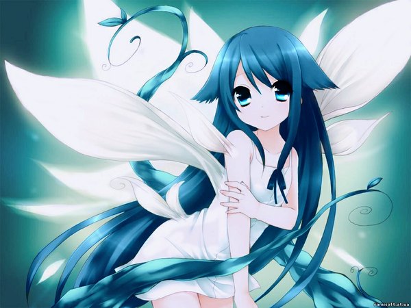 Anime picture 1152x864 with saya no uta nitroplus saya (saya no uta) tagme (artist) single blue eyes blue hair very long hair light smile inscription girl dress plant (plants) petals white dress sundress