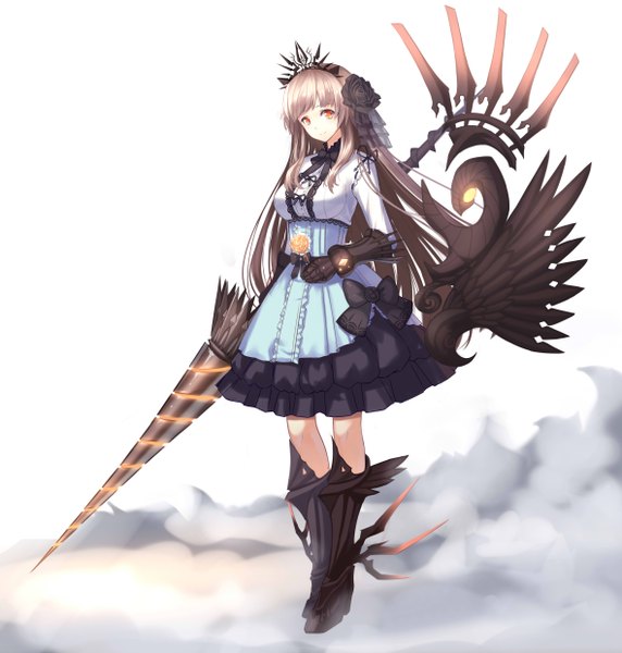 Anime picture 4724x4960 with original cubies (tiger 205) single long hair tall image looking at viewer highres smile brown hair standing absurdres orange eyes girl dress gloves hair ornament weapon spear