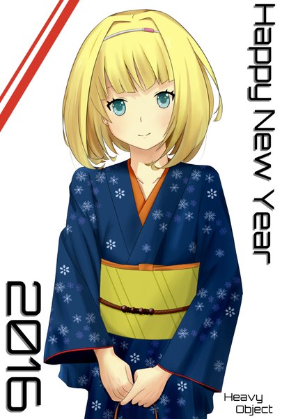 Anime picture 1181x1748 with heavy object j.c. staff milinda brantini amayo single tall image looking at viewer blush fringe short hair blue eyes blonde hair simple background white background blunt bangs traditional clothes japanese clothes light smile inscription new year