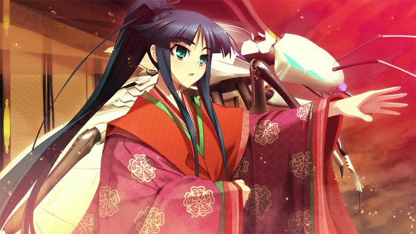 Anime picture 1024x576 with full metal daemon muramasa nitroplus minato hikaru single long hair wide image blue hair ponytail traditional clothes japanese clothes aqua eyes pointing girl kimono robot junihitoe