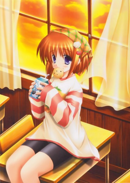 Anime picture 2144x3019 with suigetsu yamato suzuran ikegami akane single tall image highres short hair blue eyes orange hair loli eating classroom girl hair ornament food table