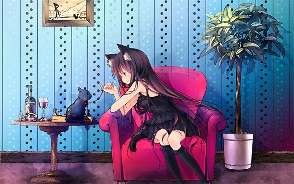 Anime picture 1920x1200 with original sakurano miya single long hair highres blue eyes black hair smile animal ears tail animal tail profile cat ears cat girl cat tail loli girl dress plant (plants) animal