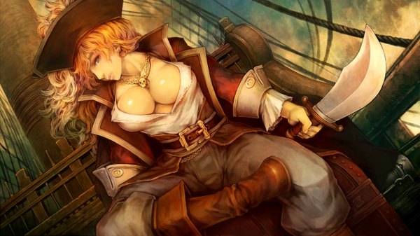 Anime picture 2560x1440 with dragon's crown vanillaware single long hair highres breasts blue eyes light erotic blonde hair wide image large breasts sitting looking away cleavage pirate girl weapon earrings sword necklace