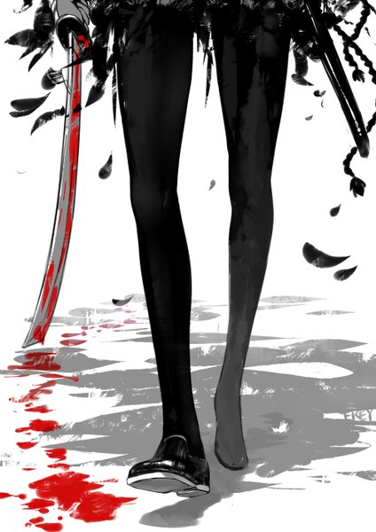 Anime picture 1000x1414 with original fkey single tall image holding signed monochrome walking girl weapon pantyhose sword shoes katana blood feather (feathers) sheath