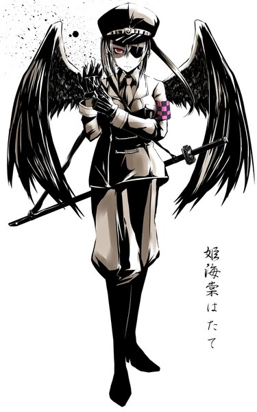Anime picture 2147x3436 with touhou himekaidou hatate bisuke (k step2009) single tall image highres red eyes hieroglyph monochrome girl gloves uniform sword wings necktie eyepatch military uniform