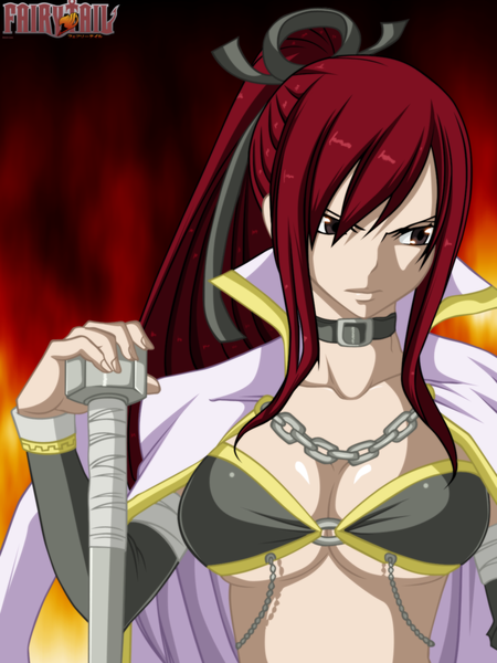 Anime picture 1125x1500 with fairy tail erza scarlet gold-mk single long hair tall image light erotic ponytail red hair inscription grey eyes coloring girl ribbon (ribbons) hair ribbon chain cloak collar