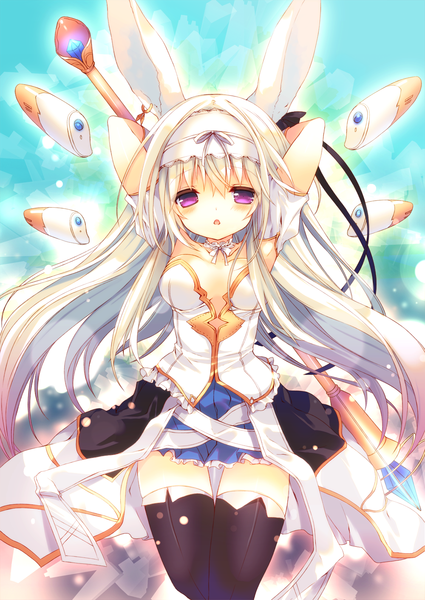 Anime picture 1000x1412 with original p19 single long hair tall image blush fringe breasts light erotic standing purple eyes animal ears pink hair white hair parted lips pleated skirt multicolored hair short sleeves bunny ears gradient hair