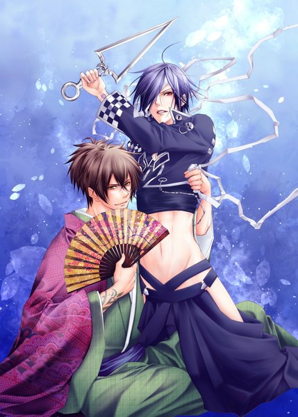Anime picture 715x1000 with brave 10 unno rokurou sanada yukimura (brave 10) mizuki047 tall image looking at viewer short hair simple background red eyes brown hair sitting brown eyes blue hair ponytail traditional clothes japanese clothes multiple boys tattoo blue background shounen ai