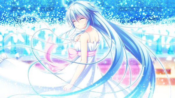 Anime picture 1280x720 with re:birth colony azurite asami asami long hair wide image blue hair game cg eyes closed girl dress