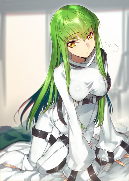 Anime picture 600x840 with code geass sunrise (studio) c.c. creayus single long hair tall image looking at viewer fringe breasts light erotic white background yellow eyes indoors long sleeves green hair wide sleeves eyebrows girl straitjacket