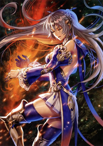 Anime picture 4309x6095 with midori foo long hair tall image highres absurdres eyes closed grey hair back magic girl thighhighs dress boy detached sleeves earrings armor thigh boots