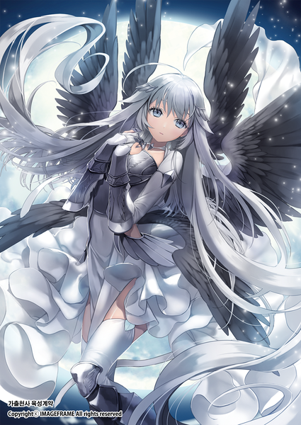 Anime picture 1000x1413 with ice (ice aptx) single tall image looking at viewer fringe hair between eyes silver hair ahoge very long hair wind night sparkle zettai ryouiki night sky copyright name black wings silver eyes hands clasped multiple wings girl