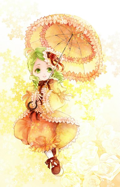 Anime picture 740x1150 with rozen maiden kanaria awa toka single long hair tall image open mouth twintails green eyes looking away ahoge green hair low twintails drill hair girl hair ornament flower (flowers) rose (roses) umbrella