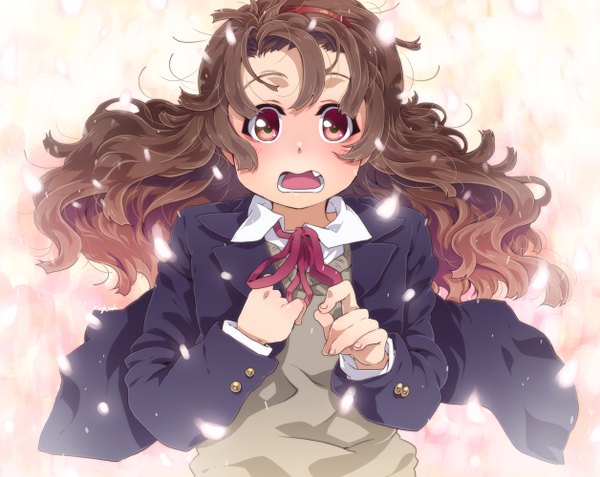 Anime picture 1256x1000 with original takanashi ringo single long hair open mouth brown hair pink eyes teeth :o fang (fangs) curly hair girl petals