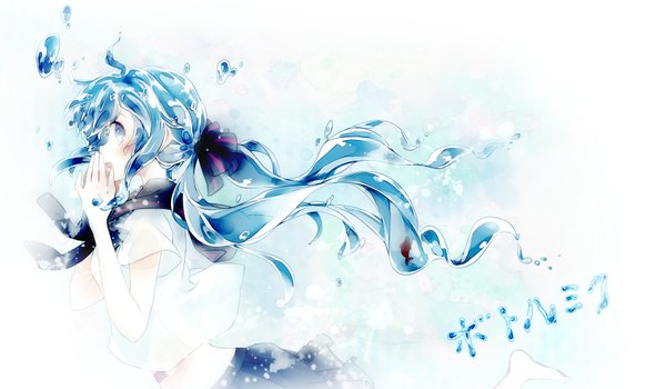 Anime picture 1800x1050 with vocaloid hatsune miku bottle miku mukkun single blush highres open mouth wide image twintails signed ahoge profile pleated skirt barefoot aqua eyes aqua hair hands on face liquid hair girl