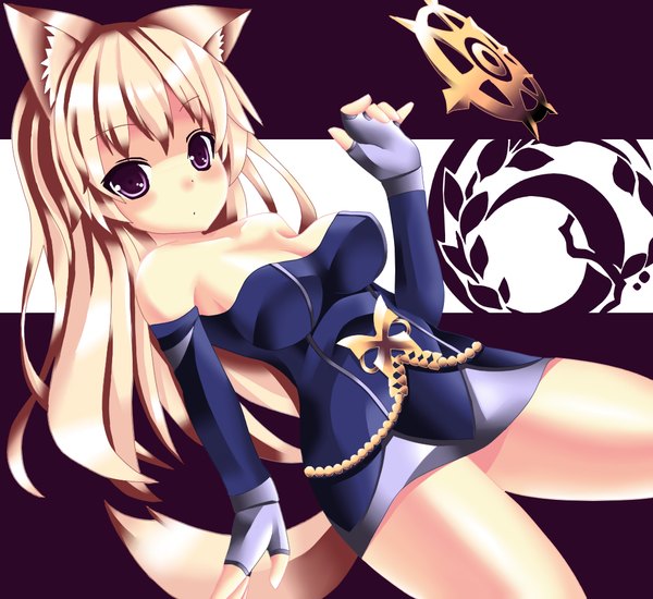 Anime picture 1059x971 with tera online kao single long hair looking at viewer blush breasts blonde hair large breasts purple eyes animal ears animal tail girl