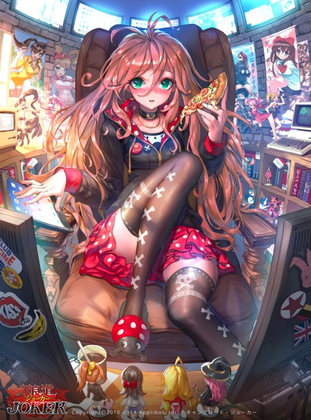 Anime picture 949x1280 with joker ~gang road~ dospi single long hair tall image looking at viewer blush open mouth light erotic green eyes orange hair girl thighhighs skirt black thighhighs miniskirt food jacket armchair monitor