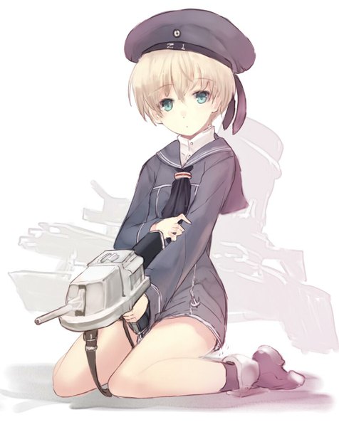 Anime picture 1000x1260 with kantai collection z1 destroyer (leberecht maass) sumisu (mondo) single tall image looking at viewer short hair blue eyes simple background blonde hair white background sitting legs wariza girl beret watercraft ship