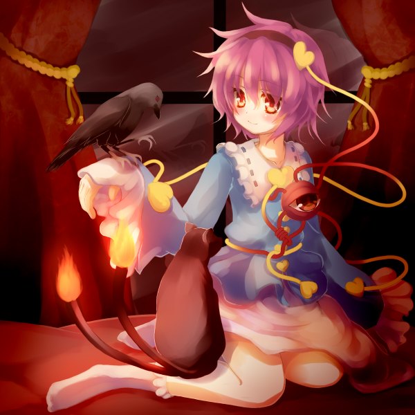 Anime picture 1200x1200 with touhou komeiji satori reiuji utsuho kaenbyou rin kaenbyou rin (cat) reiuji utsuho (bird) gengetsu chihiro single blush short hair smile red eyes sitting purple hair wide sleeves shadow girl skirt animal socks