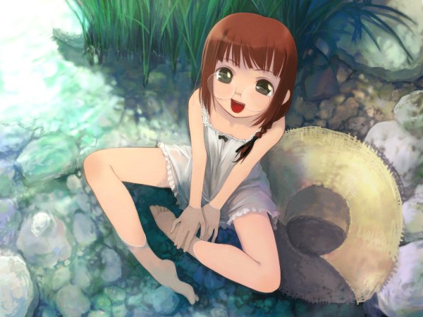 Anime picture 1200x900 with brown hair barefoot soles dress hat water glasses toes