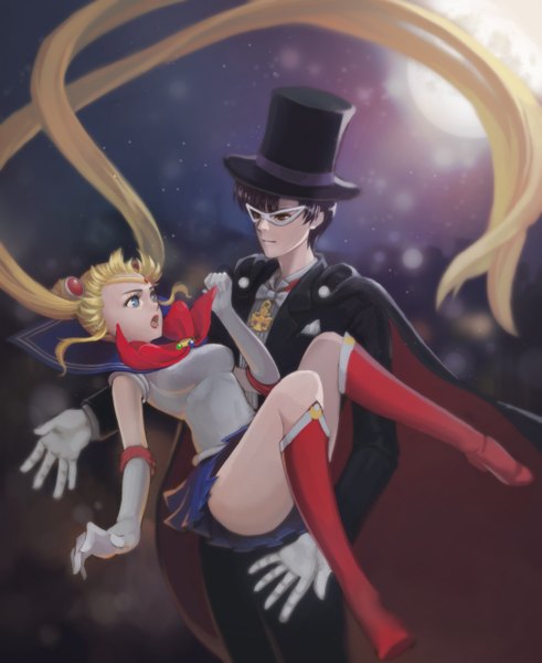 Anime picture 1083x1324 with bishoujo senshi sailor moon toei animation tsukino usagi sailor moon tuxedo kamen long hair tall image short hair blue eyes black hair blonde hair twintails very long hair pleated skirt lips night hair bun (hair buns) night sky couple falling