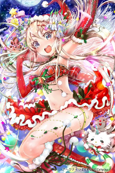 Anime picture 640x960 with original keepout single long hair tall image blush open mouth blue eyes light erotic blonde hair bent knee (knees) armpit (armpits) midriff christmas girl navel hair ornament hat animal food