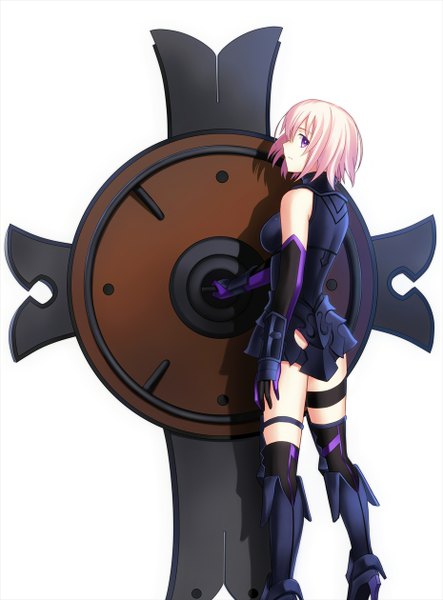 Anime picture 930x1260 with fate (series) fate/grand order type-moon mash kyrielight fuyuki (neigedhiver) single tall image looking at viewer fringe short hair breasts simple background standing white background purple eyes bare shoulders holding pink hair looking back high heels