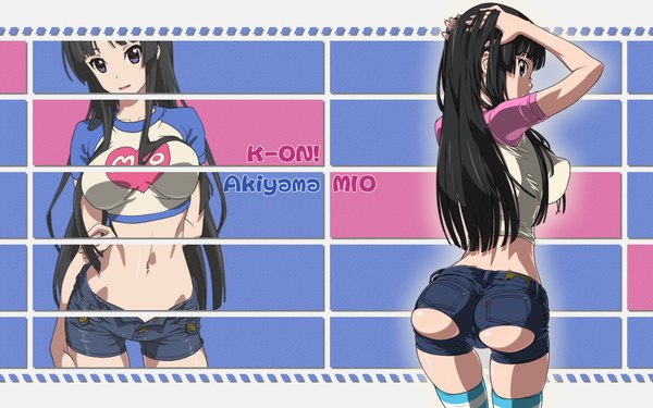 Anime picture 1920x1200 with k-on! kyoto animation akiyama mio long hair highres blue eyes light erotic black hair wide image ass looking back from behind midriff arms behind head girl navel