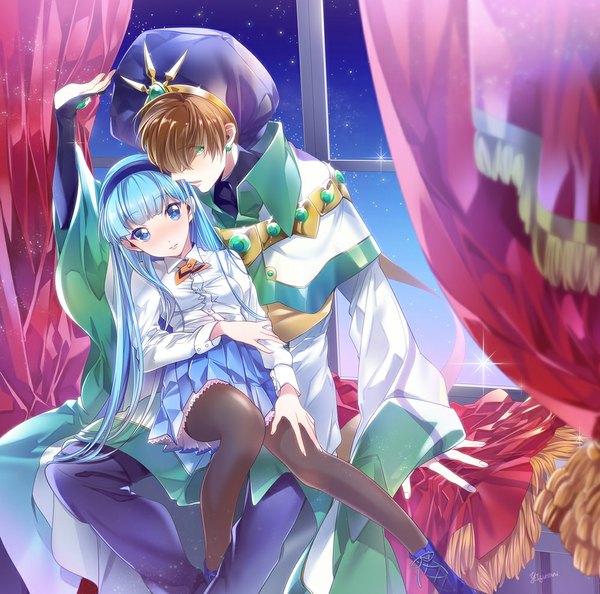 Anime picture 1000x990 with magic knight rayearth clamp ryuuzaki umi ascot (magic knight rayearth) iyutani looking at viewer short hair breasts blue eyes brown hair sitting green eyes signed blue hair sky indoors very long hair parted lips head tilt pleated skirt