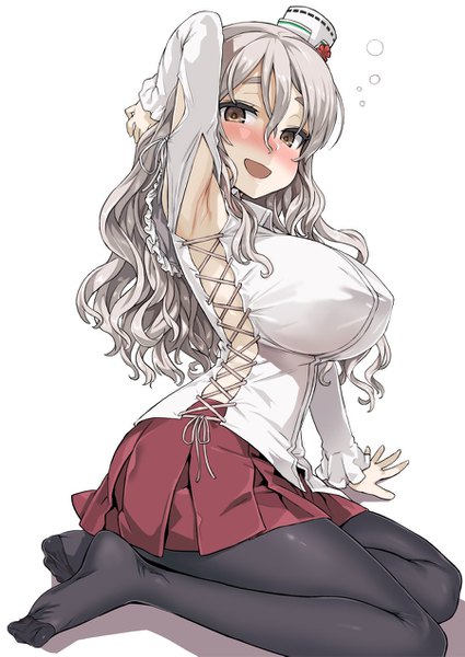 Anime picture 900x1271 with kantai collection pola (kantai collection) asanagi single long hair tall image looking at viewer blush fringe breasts open mouth light erotic simple background smile hair between eyes large breasts white background sitting brown eyes :d