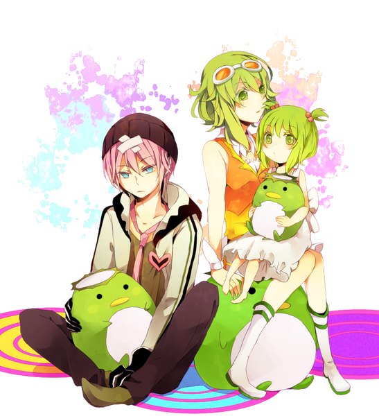 Anime picture 1024x1124 with vocaloid gumi vy2 66 (roro) yumeru (artist) tall image short hair blue eyes green eyes pink hair green hair bandaid on head girl boy glasses cap bandaid child (children)