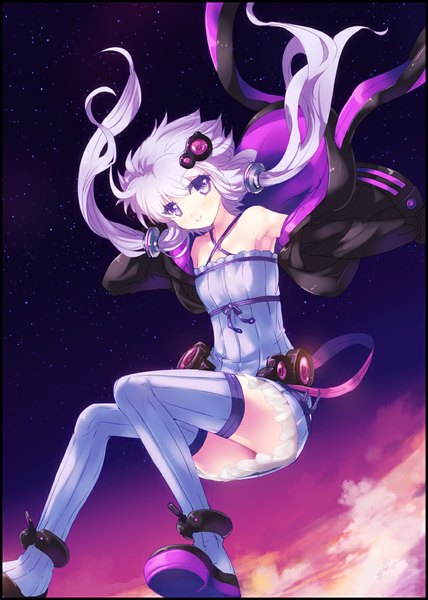 Anime picture 713x1000 with vocaloid yuzuki yukari tokiame single long hair tall image looking at viewer blush breasts smile purple eyes twintails sky purple hair bent knee (knees) open clothes low twintails flat chest falling midair