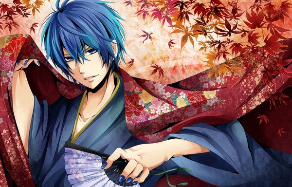 Anime picture 2150x1378 with vocaloid kaito (vocaloid) single highres short hair open mouth blue eyes nail polish japanese clothes multicolored hair two-tone hair boy kimono leaf (leaves) fan