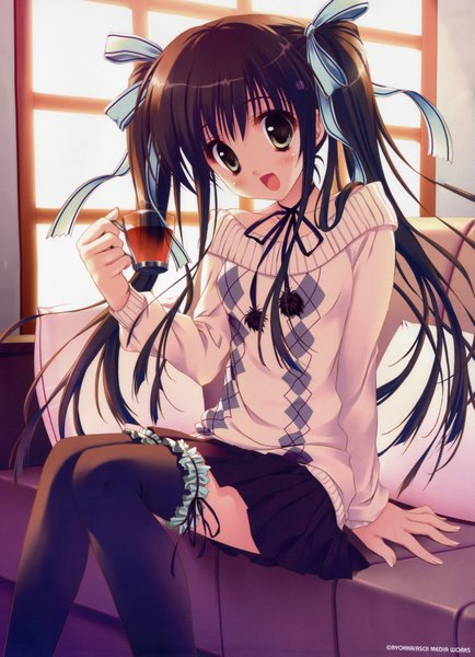 Anime picture 2613x3606 with ryohka single long hair tall image looking at viewer blush highres open mouth brown hair sitting twintails scan girl thighhighs skirt ribbon (ribbons) hair ribbon pillow sweater