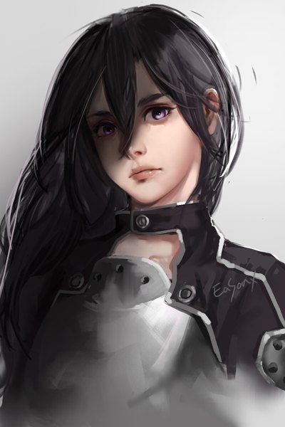 Anime picture 1000x1500 with sword art online a-1 pictures kirigaya kazuto eason single long hair tall image looking at viewer black hair simple background purple eyes signed upper body head tilt lips otoko no ko boy jacket armor