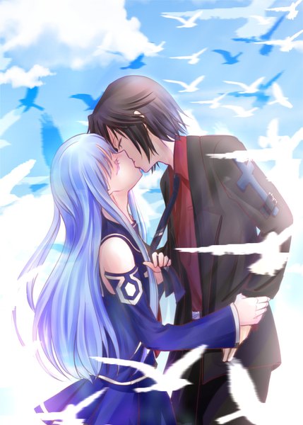 Anime picture 1430x2000 with aoki hagane no arpeggio iona chihaya gunzou poifuru hana tall image short hair black hair bare shoulders blue hair sky cloud (clouds) eyes closed profile couple holding hands kiss girl boy uniform school uniform