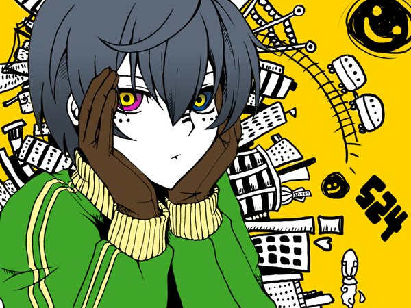 Anime picture 1024x768 with kuroshitsuji a-1 pictures matryoshka (vocaloid) ciel phantomhive naaruuchan single looking at viewer short hair black hair heterochromia facial mark yellow background boy gloves