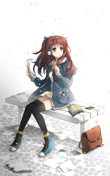 Anime picture 850x1354 with original ceru single long hair tall image red eyes brown hair sitting looking away girl thighhighs black thighhighs shoes jacket headphones bag paper bench digital media player