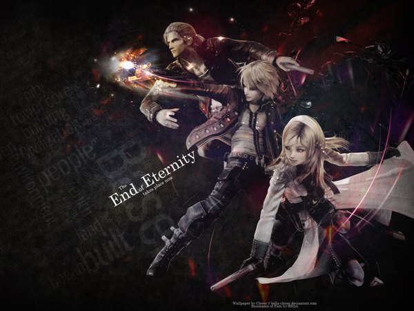 Anime picture 1600x1200 with resonance of fate zephyr leanne (end of eternity) vashyron long hair short hair blonde hair brown eyes inscription dark background pale skin girl boy weapon jacket gun cloak pistol