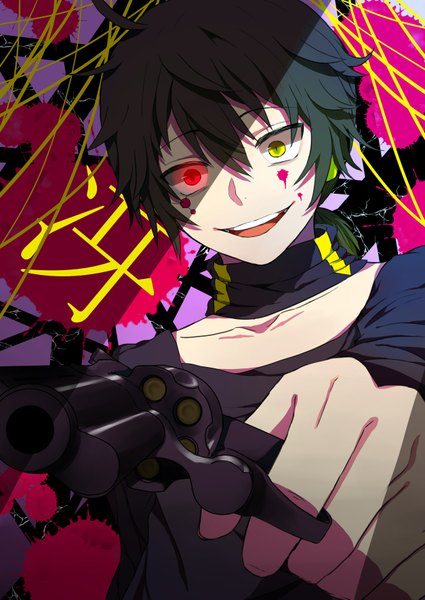 Anime picture 1254x1771 with kagerou project shaft (studio) konoha (kagerou project) kuroha ki-na single tall image fringe short hair black hair smile red eyes yellow eyes heterochromia facial mark glowing looking down glowing eye (eyes) blood stains crazy smile