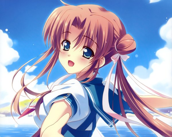 Anime picture 2560x2048 with hare tokidoki otenkiame inanokami kanae single long hair blush highres open mouth brown hair twintails sky cloud (clouds) looking back aqua eyes spread arms girl uniform ribbon (ribbons) hair ribbon school uniform water
