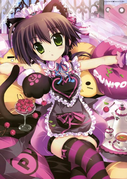 Anime picture 3952x5579 with fujima takuya single tall image highres short hair brown hair green eyes animal ears absurdres tail loli thighhighs food apron striped thighhighs berry (berries) cherry