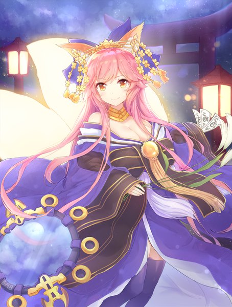 Anime picture 720x951 with fate (series) fate/grand order fate/extra tamamo (fate) (all) tamamo no mae (fate) babouo single long hair tall image looking at viewer blush fringe breasts smile large breasts bare shoulders animal ears yellow eyes payot pink hair