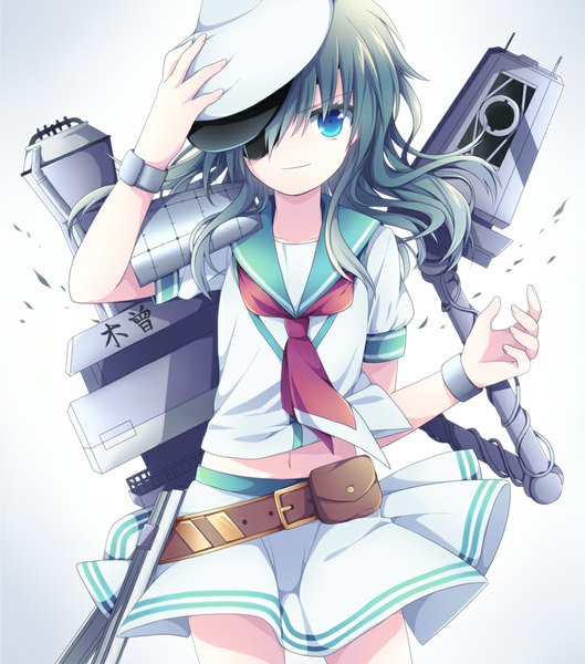 Anime picture 819x929 with kantai collection kiso light cruiser soranagi single long hair tall image looking at viewer fringe blue eyes simple background dark hair girl bracelet beret eyepatch sailor suit fanny pack