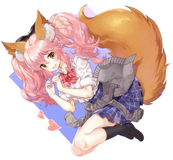 Anime picture 1000x929 with fate (series) fate/extra fate/extella tamamo (fate) (all) tamamo jk (fate) shiosoda single long hair looking at viewer fringe open mouth hair between eyes white background twintails brown eyes animal ears payot pink hair full body tail