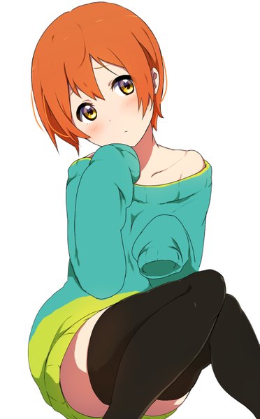 Anime picture 931x1500 with love live! school idol project sunrise (studio) love live! hoshizora rin icehotmilktea single tall image blush short hair simple background hair between eyes white background sitting bare shoulders yellow eyes payot looking away long sleeves orange hair girl