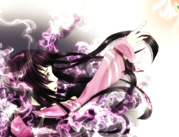 Anime picture 1800x1380 with sengoku basara production i.g oichi single long hair highres open mouth black hair simple background pink eyes arms up tears smoke girl