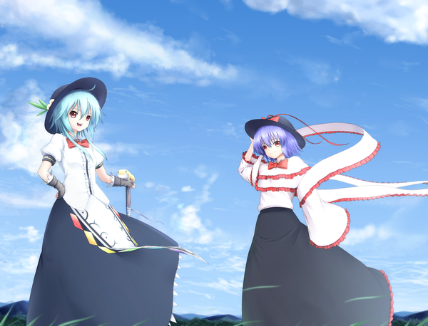 Anime picture 1440x1100 with touhou hinanawi tenshi nagae iku 40cabbage blush short hair open mouth smile hair between eyes red eyes multiple girls blue hair sky purple hair cloud (clouds) wind hand on hip alternate hairstyle alternate hair length girl