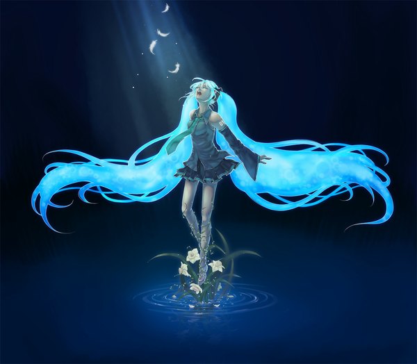 Anime picture 1143x1000 with vocaloid hatsune miku qoo (pixiv120340) single long hair open mouth twintails bare shoulders eyes closed very long hair nail polish barefoot aqua hair tattoo light singing girl skirt flower (flowers) plant (plants)